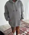 Kadın Kapüşonlu Kanguru Cepli 3 İplik Pamuklu Oversize Hoodie Sweatshirt -  Boyalı Gri