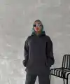 Kadın Kapüşonlu Kanguru Cepli 3 İplik Pamuklu Oversize Hoodie Sweatshirt - Füme