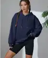 Kadın Kapüşonlu Kanguru Cepli 3 İplik Pamuklu Oversize Hoodie Sweatshirt - Lacivert