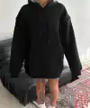 Kadın Kapüşonlu Kanguru Cepli 3 İplik Pamuklu Oversize Hoodie Sweatshirt - Siyah