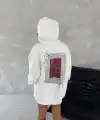 Kadın Kapüşonlu Kanguru Cepli Sweatshirt 3 İplik Pamuklu Baskılı Hoodie - Beyaz