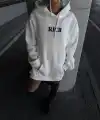 Kadın Kapüşonlu Kanguru Cepli Sweatshirt 3 İplik Pamuklu Baskılı Hoodie - Beyaz