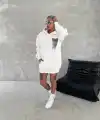 Kadın Kapüşonlu Kanguru Cepli Sweatshirt 3 İplik Pamuklu Baskılı Hoodie - Beyaz