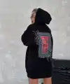 Kadın Kapüşonlu Kanguru Cepli Sweatshirt 3 İplik Pamuklu Baskılı Hoodie - Siyah
