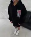 Kadın Kapüşonlu Kanguru Cepli Sweatshirt 3 İplik Pamuklu Baskılı Hoodie - Siyah