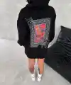 Kadın Kapüşonlu Kanguru Cepli Sweatshirt 3 İplik Pamuklu Baskılı Hoodie - Siyah