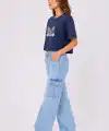 Kadın Kedi Baskılı Oversize Crop Tişört Salaş Basic Yarım Kol T-shirt - Lacivert