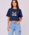 Kadın Kedi Baskılı Oversize Crop Tişört Salaş Basic Yarım Kol T-shirt - Lacivert