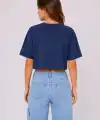 Kadın Kedi Baskılı Oversize Crop Tişört Salaş Basic Yarım Kol T-shirt - Lacivert