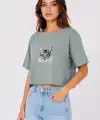 Kadın Kedi Baskılı Oversize Crop Tişört Salaş Basic Yarım Kol T-shirt - Mint Yeşili