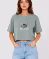 Kadın Kedi Baskılı Oversize Crop Tişört Salaş Basic Yarım Kol T-shirt - Mint Yeşili