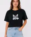 Kadın Kedi Baskılı Oversize Crop Tişört Salaş Basic Yarım Kol T-shirt - Siyah