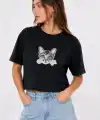 Kadın Kedi Baskılı Oversize Crop Tişört Salaş Basic Yarım Kol T-shirt - Siyah