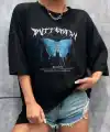 Kadın kelebek Baskılı Oversize kısa kol T-Shirt - Siyah
