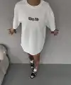 Kadın Kısa Kol Yazlık Tişört Bisiklet Yaka Baskılı Oversize T-Shirt - Beyaz
