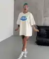 Kadın Kısa Kol Yazlık Tişört Bisiklet Yaka Baskılı Oversize T-Shirt - Beyaz