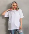 Kadın Kısa Kol Yazlık Tişört Bisiklet Yaka Baskılı Oversize T-Shirt - Beyaz