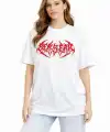 Kadın Kısa Kol Yazlık Tişört Bisiklet Yaka Baskılı Oversize T-Shirt - Beyaz