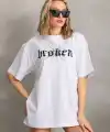 Kadın Kısa Kol Yazlık Tişört Bisiklet Yaka Baskılı Oversize T-Shirt - Beyaz