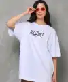 Kadın Kısa Kol Yazlık Tişört Bisiklet Yaka Baskılı Oversize T-Shirt - Beyaz