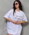 Kadın Kısa Kol Yazlık Tişört Bisiklet Yaka Baskılı Oversize T-Shirt - Beyaz