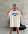 Kadın Kısa Kol Yazlık Tişört Bisiklet Yaka Baskılı Oversize T-Shirt - Beyaz