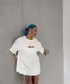Kadın Kısa Kol Yazlık Tişört Bisiklet Yaka Baskılı Oversize T-Shirt - Beyaz