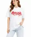 Kadın Kısa Kol Yazlık Tişört Bisiklet Yaka Baskılı Oversize T-Shirt - Beyaz