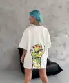 Kadın Kısa Kol Yazlık Tişört Bisiklet Yaka Baskılı Oversize T-Shirt - Beyaz