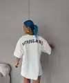 Kadın Kısa Kol Yazlık Tişört Bisiklet Yaka Baskılı Oversize T-Shirt - Beyaz