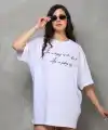 Kadın Kısa Kol Yazlık Tişört Bisiklet Yaka Baskılı Oversize T-Shirt - Beyaz