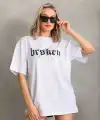 Kadın Kısa Kol Yazlık Tişört Bisiklet Yaka Baskılı Oversize T-Shirt - Beyaz