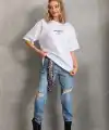 Kadın Kısa Kol Yazlık Tişört Bisiklet Yaka Baskılı Oversize T-Shirt - Beyaz