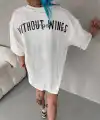 Kadın Kısa Kol Yazlık Tişört Bisiklet Yaka Baskılı Oversize T-Shirt - Beyaz
