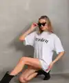 Kadın Kısa Kol Yazlık Tişört Bisiklet Yaka Baskılı Oversize T-Shirt - Beyaz