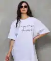 Kadın Kısa Kol Yazlık Tişört Bisiklet Yaka Baskılı Oversize T-Shirt - Beyaz