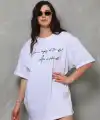 Kadın Kısa Kol Yazlık Tişört Bisiklet Yaka Baskılı Oversize T-Shirt - Beyaz