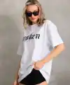 Kadın Kısa Kol Yazlık Tişört Bisiklet Yaka Baskılı Oversize T-Shirt - Beyaz