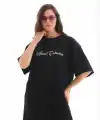Kadın Kısa Kol Yazlık Tişört Bisiklet Yaka Baskılı Oversize T-Shirt - Siyah