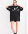 Kadın Kısa Kol Yazlık Tişört Bisiklet Yaka Baskılı Oversize T-Shirt - Siyah