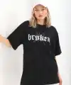 Kadın Kısa Kol Yazlık Tişört Bisiklet Yaka Baskılı Oversize T-Shirt - Siyah
