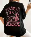 Kadın Kısa Kol Yazlık Tişört Bisiklet Yaka Baskılı Oversize T-Shirt - Siyah