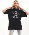 Kadın Kısa Kol Yazlık Tişört Bisiklet Yaka Baskılı Oversize T-Shirt - Siyah