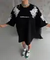 Kadın Kısa Kol Yazlık Tişört Bisiklet Yaka Baskılı Oversize T-Shirt - Siyah