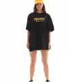 Kadın Kısa Kol Yazlık Tişört Bisiklet Yaka Baskılı Oversize T-Shirt - Siyah