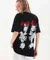 Kadın Kısa Kol Yazlık Tişört Bisiklet Yaka Baskılı Oversize T-Shirt - Siyah