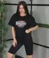 Kadın Kısa Kol Yazlık Tişört Bisiklet Yaka Baskılı Oversize T-Shirt - Siyah
