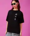 Kadın Kısa Kol Yazlık Tişört Bisiklet Yaka Baskılı Oversize T-Shirt - Siyah