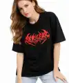Kadın Kısa Kol Yazlık Tişört Bisiklet Yaka Baskılı Oversize T-Shirt -  Siyah