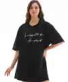 Kadın Kısa Kol Yazlık Tişört Bisiklet Yaka Baskılı Oversize T-Shirt - Siyah